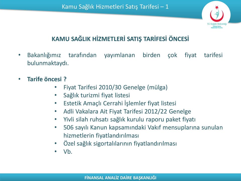 Fiyat Tarifesi 2010/30 Genelge (mülga) Sağlık turizmi fiyat listesi Estetik Amaçlı Cerrahi İşlemler fiyat listesi Adli Vakalara Ait