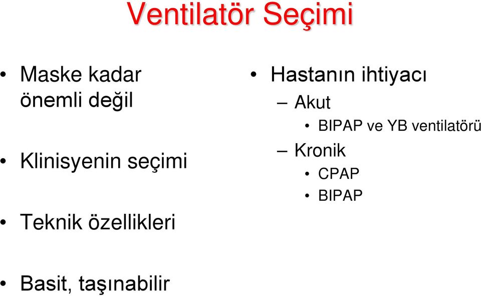 özellikleri Hastanın ihtiyacı Akut BIPAP