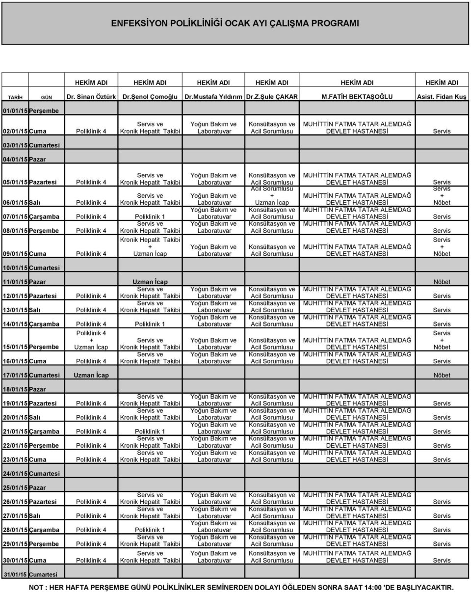 Fidan Kuş 01/01/15 Perşembe ve Yoğun Bakım ve Konsültasyon ve MUHİTTİN FATMA TATAR ALEMDAĞ 02/01/15 Cuma Poliklinik 4 Kronik Hepatit Takibi Laboratuvar Acil Sorumlusu DEVLET HASTANESİ 03/01/15