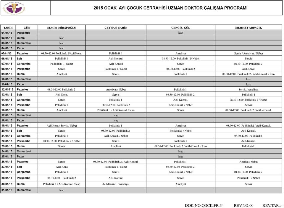 30-12.00 Poliklinik 2 08/01/15 Perşembe Poliklinik 1 / Nöbet 08.30-12.00 Poliklinik 2 Acil-Konsl. 09/01/15 Cuma Ameliyat Poliklinik 1 08.30-12.00 Poliklinik 2 / Acil-Konsul.