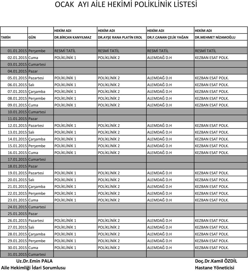H KEZBAN ESAT POLK. 06.01.2015 Salı POLİKLİNİK 1 POLİKLİNİK 2 ALEMDAĞ D.H KEZBAN ESAT POLK. 07.01.2015 Çarşamba POLİKLİNİK 1 POLİKLİNİK 2 ALEMDAĞ D.H KEZBAN ESAT POLK. 08.01.2015 Perşembe POLİKLİNİK 1 POLİKLİNİK 2 ALEMDAĞ D.