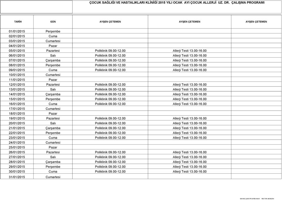 00 06/01/2015 Salı Allerji Testi 13.00-16.00 07/01/2015 Çarşamba Allerji Testi 13.00-16.00 08/01/2015 Perşembe Allerji Testi 13.00-16.00 09/01/2015 Cuma Allerji Testi 13.00-16.00 10/01/2015 Cumartesi 11/01/2015 Pazar 12/01/2015 Pazartesi Allerji Testi 13.