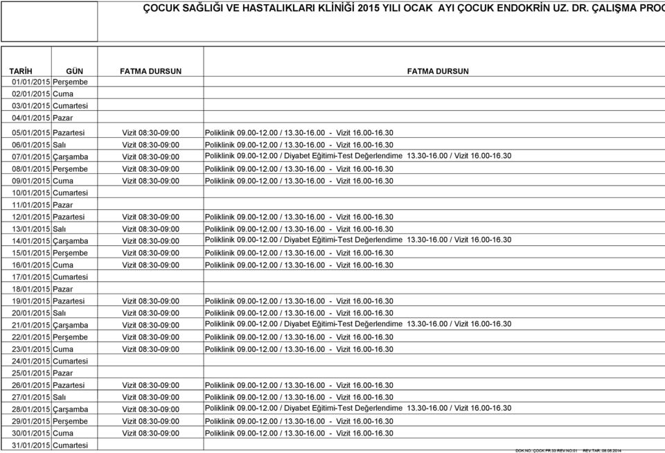 30-16.00 - Vizit 07/01/2015 Çarşamba Vizit / Diyabet Eğitimi-Test Değerlendime 13.30-16.00 / Vizit 08/01/2015 Perşembe Vizit / 13.30-16.00 - Vizit 09/01/2015 Cuma Vizit / 13.30-16.00 - Vizit 10/01/2015 Cumartesi 11/01/2015 Pazar 12/01/2015 Pazartesi Vizit / 13.