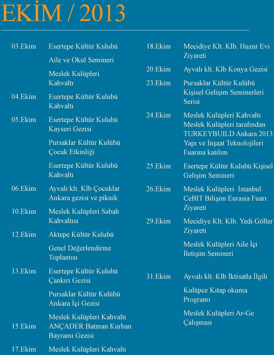 Ekim 12.Ekim Ayvalı klt. Klb Çocuklar Ankara gezisi ve piknik Meslek Kulüpleri Sabah sı Genel Değerlendirme Toplantısı 26.Ekim 29.