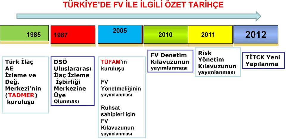 TÜFAM ın kuruluşu FV Yönetmeliğinin yayımlanması Olunması Ruhsat sahipleri için FV Kılavuzunun