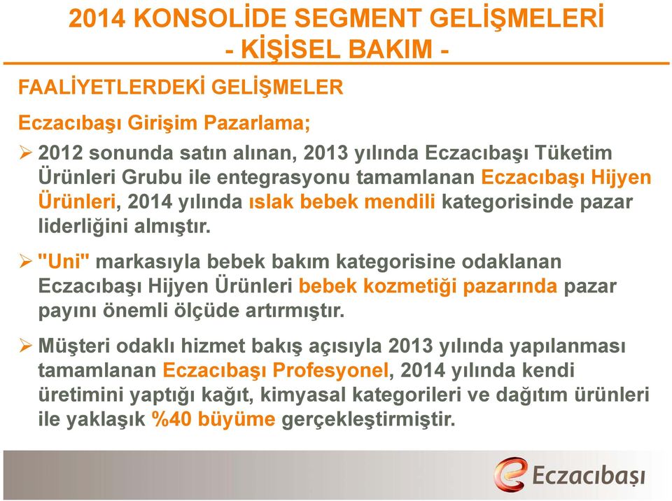 "Uni" markasıyla bebek bakım kategorisine odaklanan Eczacıbaşı Hijyen Ürünleri bebek kozmetiği pazarında pazar payını önemli ölçüde artırmıştır.