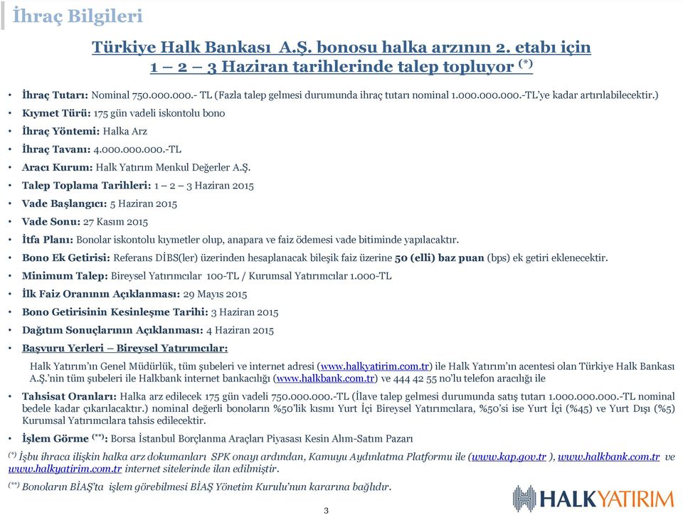 Talep Toplama Tarihleri: 1 2 3 Haziran 2015 Vade Başlangıcı: 5 Haziran 2015 Vade Sonu: 27 Kasım 2015 Türkiye Halk Bankası A.Ş. bonosu halka arzının 2.