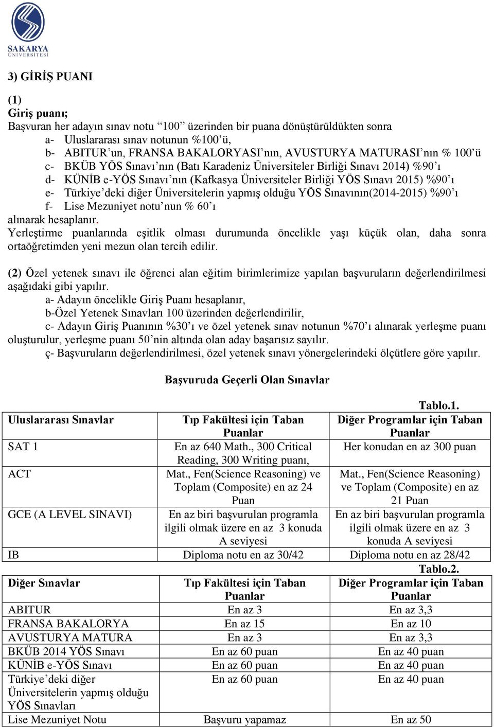 olduğu YÖS nın(2014-2015) %90 ı f- Lise Mezuniyet notu nun % 60 ı alınarak hesaplanır.