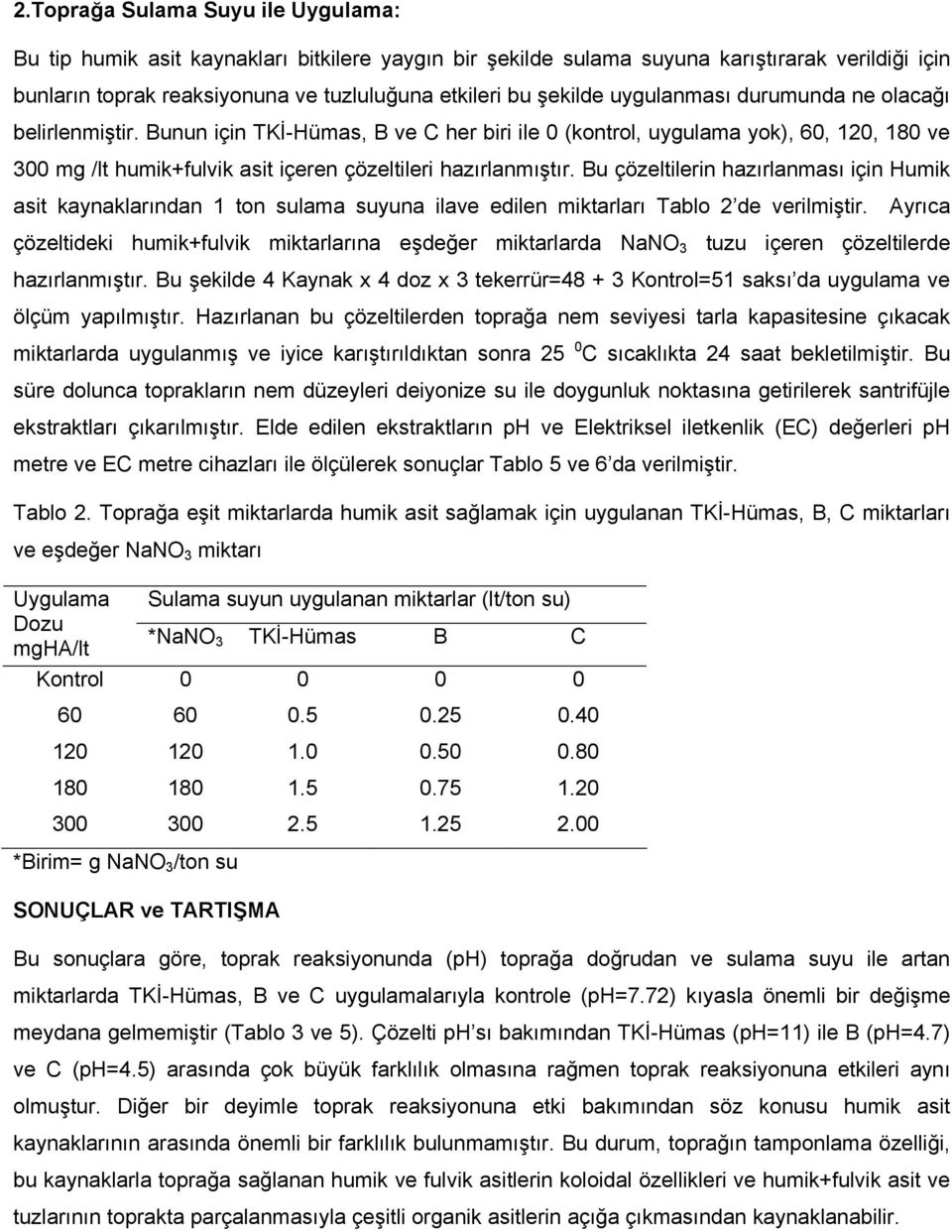 Bu çözeltilerin hazırlanması için Humik asit kaynaklarından 1 ton sulama suyuna ilave edilen miktarları Tablo 2 de verilmiştir.