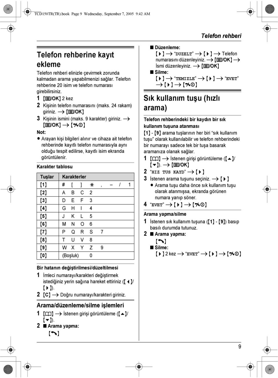 Telefon rehberine 20 isim ve telefon numarası girebilirsiniz. 1 {j/ok} 2 kez 2 Kişinin telefon numarasını (maks. 24 rakam) giriniz. i {j/ok} 3 Kişinin ismini (maks. 9 karakter) giriniz.