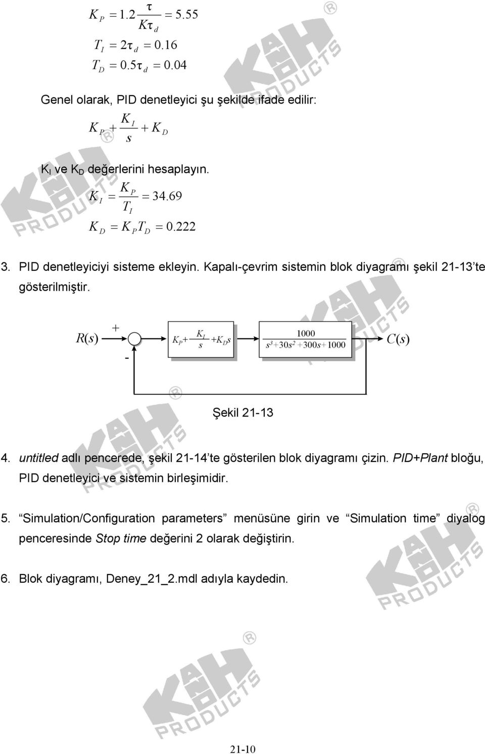 R(s) + P + I 1000 + D s s s 3 +30s 2 +300s+1000 - C(s) Şekil 21-13 4. untitle alı penceree, şekil 21-14 te gösterilen blok iyagramı çizin.