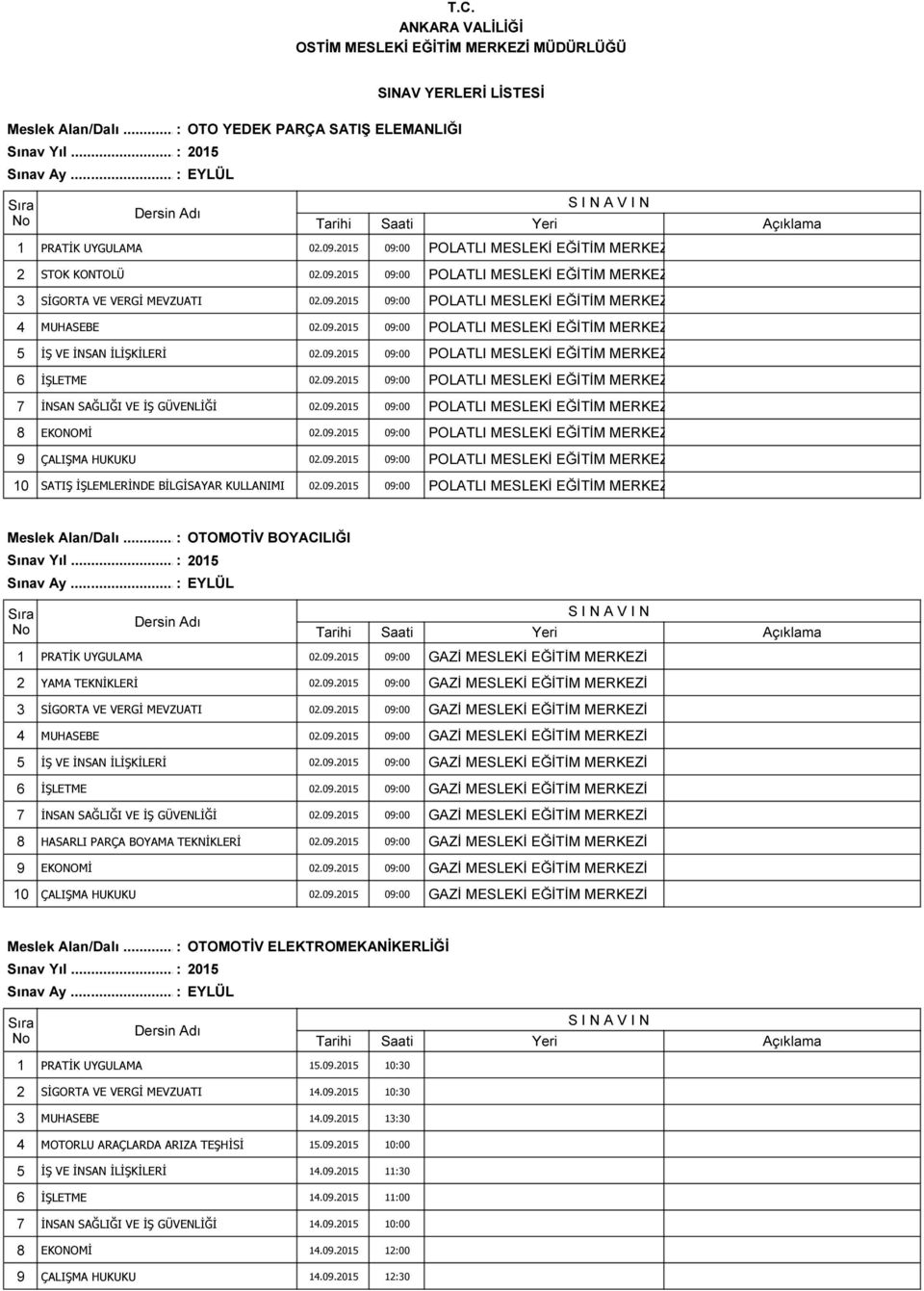 09.2015 09:00 POLATLI MESLEKİ EĞİTİM MERKEZİ 8 EKONOMİ 02.09.2015 09:00 POLATLI MESLEKİ EĞİTİM MERKEZİ 9 ÇALIŞMA HUKUKU 02.09.2015 09:00 POLATLI MESLEKİ EĞİTİM MERKEZİ 10 SATIŞ İŞLEMLERİNDE BİLGİSAYAR KULLANIMI 02.