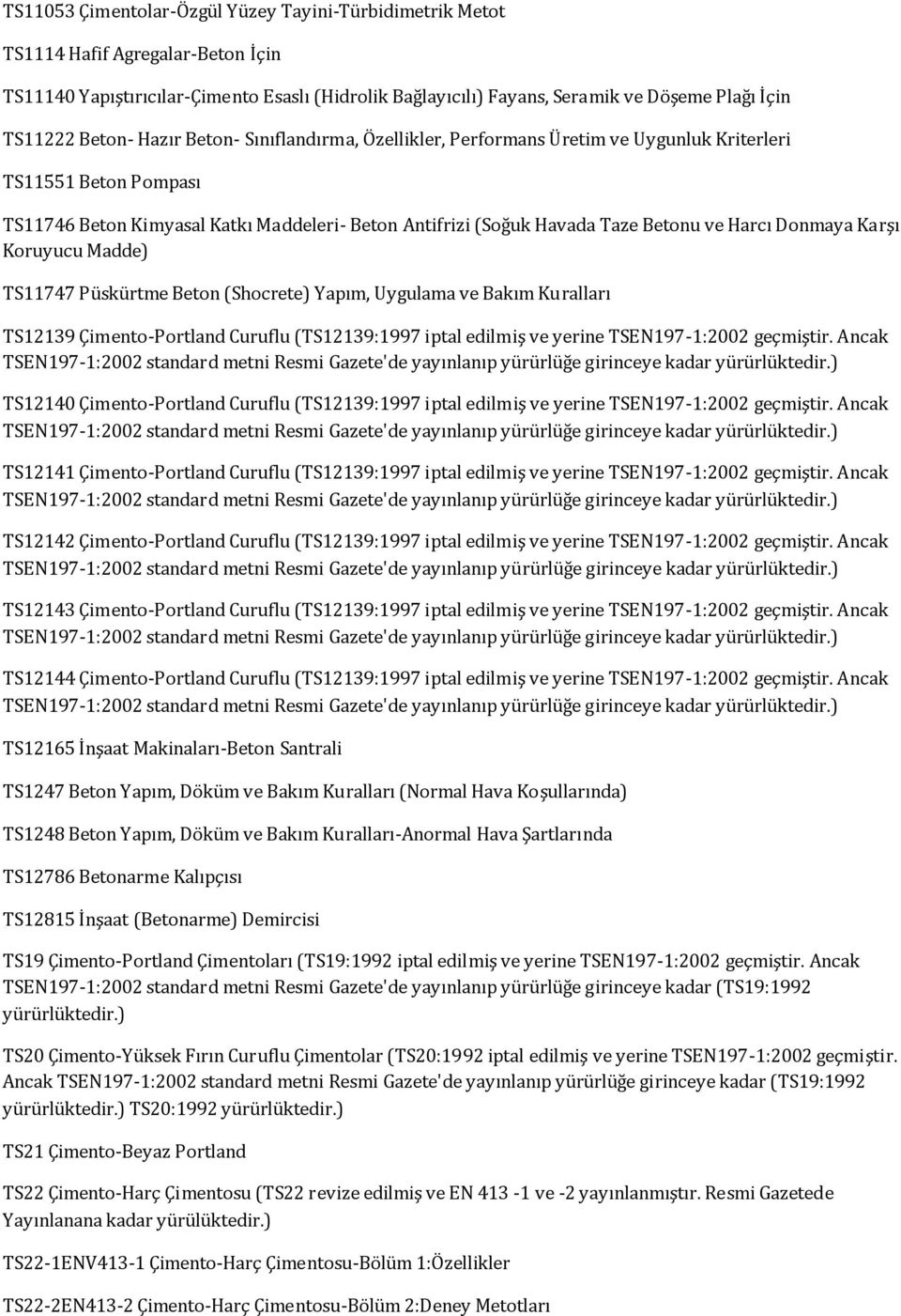 Harcı Donmaya Karşı Koruyucu Madde) TS11747 Püskürtme Beton (Shocrete) Yapım, Uygulama ve Bakım Kuralları TS12139 Çimento-Portland Curuflu (TS12139:1997 iptal edilmiş ve yerine TSEN197-1:2002