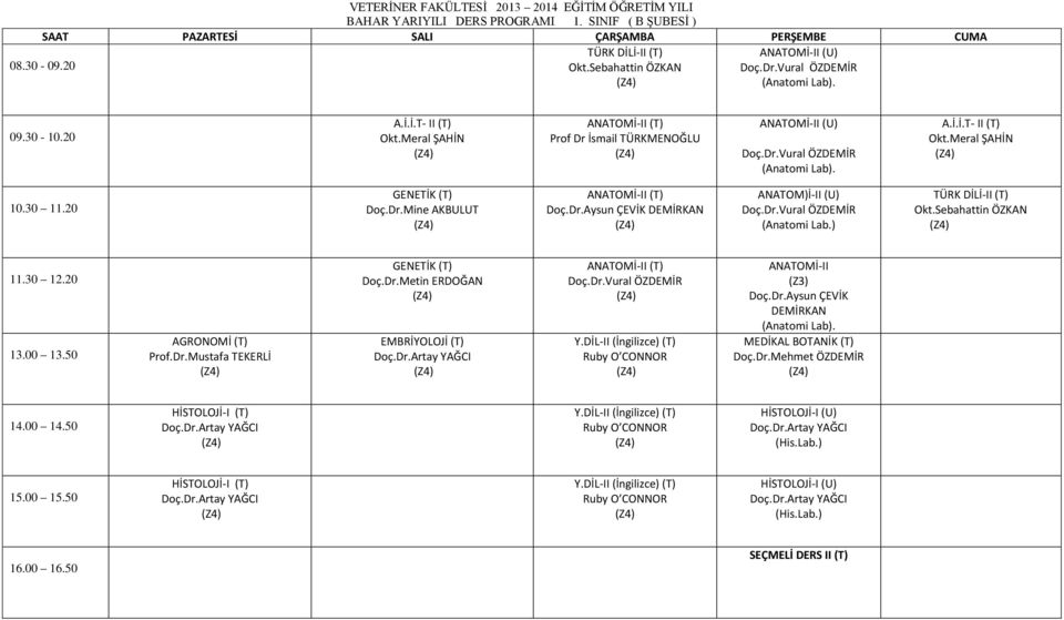 Dr.Metin ERDOĞAN EMBRİYOLOJİ ANATOMİ-II Doç.Dr.Aysun ÇEVİK DEMİRKAN (Anatomi Lab). MEDİKAL BOTANİK Doç.Dr.Mehmet ÖZDEMİR HİSTOLOJİ-I (His.