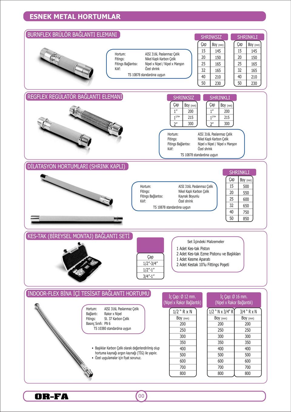 AISI 36L Nikel Kaplı Karbon Çelik Nipel x Nipel / Nipel x Manşon Özel shrink TS 0878 standardına uygun DİLATASYON HORTUMLARI (SHRINK KAPLI) Hortum: Fitings: Fitings Bağlantısı: Kılıf: TS 0878