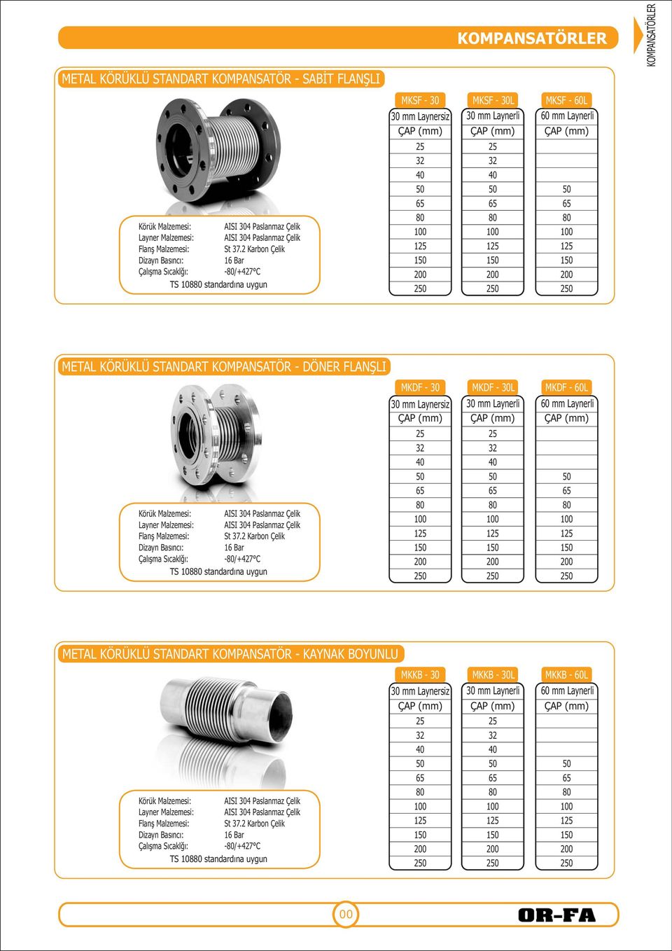 Karbon Çelik Dizayn Basıncı: 6 Bar Çalışma Sıcaklğı: /+47 C TS 08 standardına uygun METAL KÖRÜKLÜ STANDART KOMPANSATÖR DÖNER FLANŞLI MKDF 30 MKDF 30L MKDF 60L 30 mm Laynersiz ÇAP (mm) 30 mm Laynerli