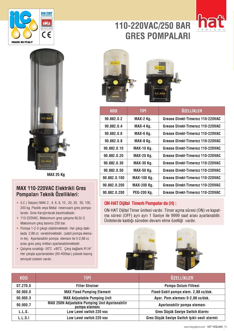 Grease Direkt-Timersız 110-220VAC 90.882.0.20 MAX-20 Kg. Grease Direkt-Timersız 110-220VAC 90.882.0.30 MAX-30 Kg.