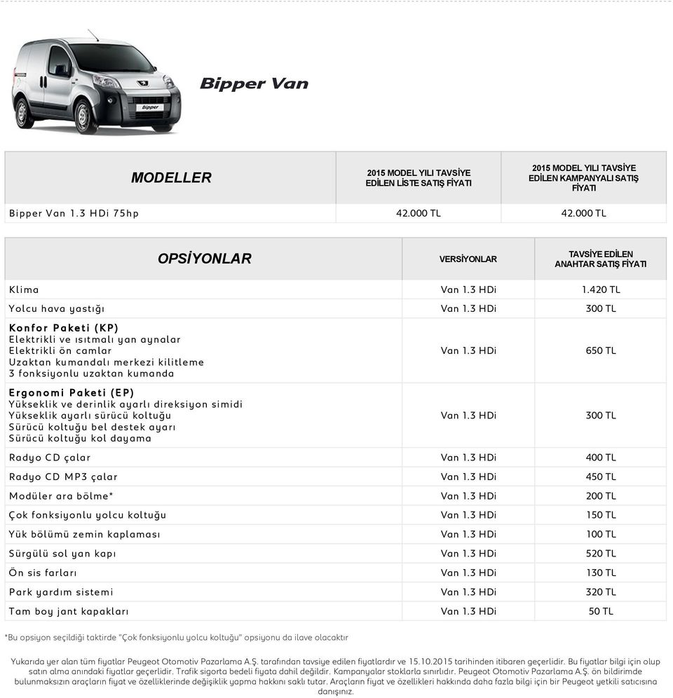 ayarlı direksiyon simidi Yükseklik ayarlı sürücü koltuğu Sürücü koltuğu bel destek ayarı Sürücü koltuğu kol dayama Van 1.3 HDi Van 1.3 HDi 650 TL 300 TL Radyo CD çalar Van 1.