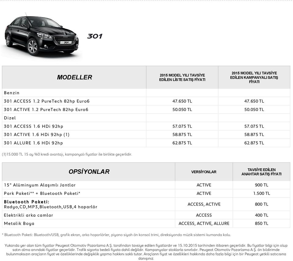 000 TL 15 ay %0 kredi avantajı, kampanyalı fiyatlar ile birlikte geçerlidir. ANAHTAR SATIŞ 15" Alüminyum Alaşımlı Jantlar 900 TL Park Paketi** + Bluetooth Paketi* 1.