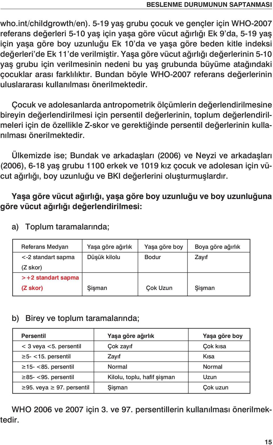 değerleri de Ek 11 de verilmiştir. Yaşa göre vücut ağırlığı değerlerinin 5-10 yaş grubu için verilmesinin nedeni bu yaş grubunda büyüme atağındaki çocuklar arası farklılıktır.