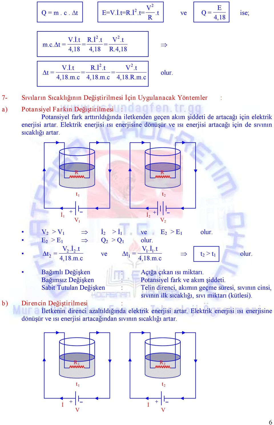 enerjisi artar. Elektrik enerjisi ısı enerjisine dönüşür ve ısı enerjisi artacağı için de sıvının sıcaklığı artar. t 1 t 1 1 > 1 > 1 ve E > E 1 olur. E > E 1 Q > Q 1 olur...t 1. 1.t Δt = ve Δt 4,18.m.