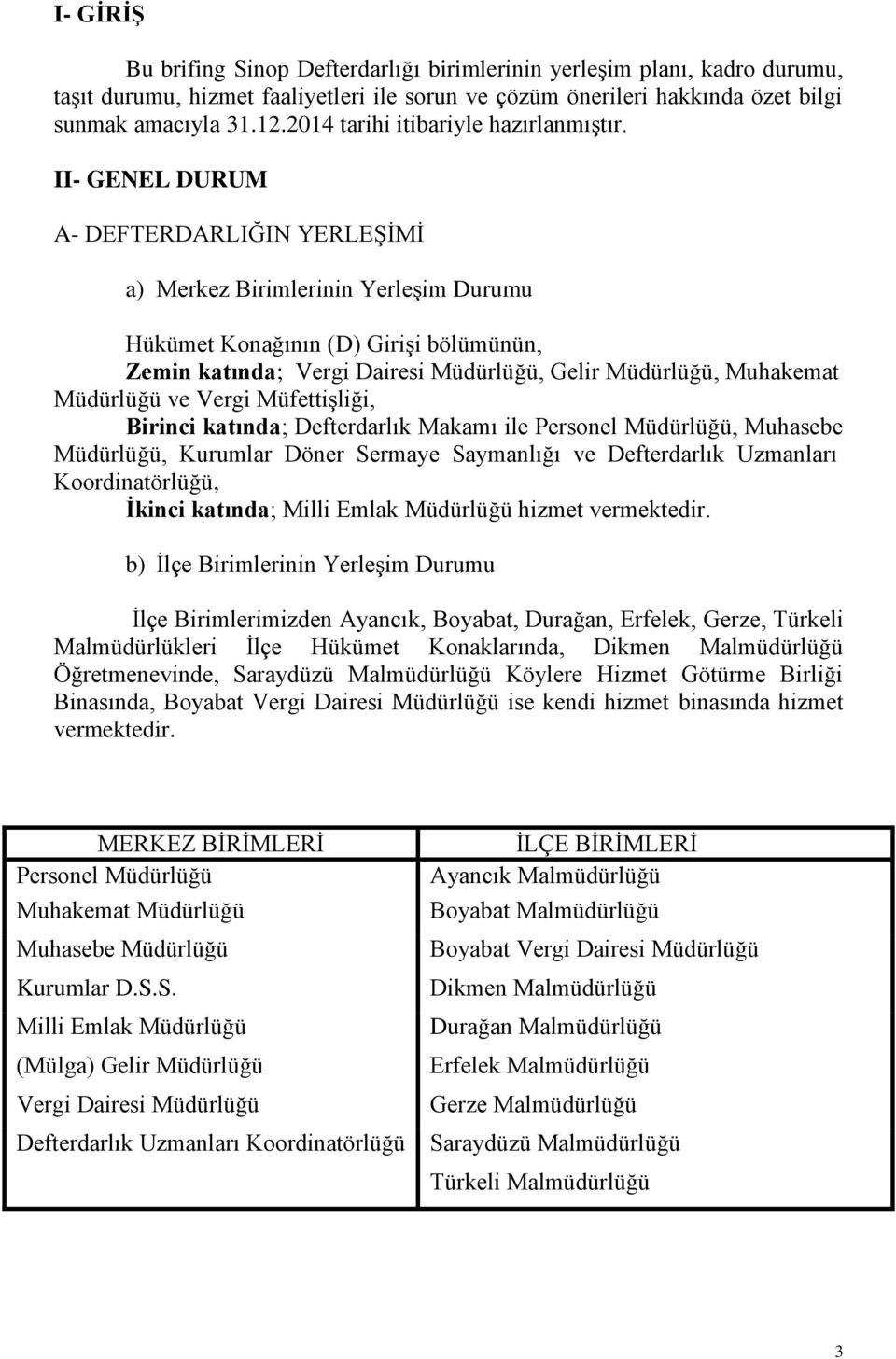 II- GENEL DURUM A- DEFTERDARLIĞIN YERLEŞİMİ a) Merkez Birimlerinin Yerleşim Durumu Hükümet Konağının (D) Girişi bölümünün, Zemin katında; Vergi Dairesi Müdürlüğü, Gelir Müdürlüğü, Muhakemat Müdürlüğü