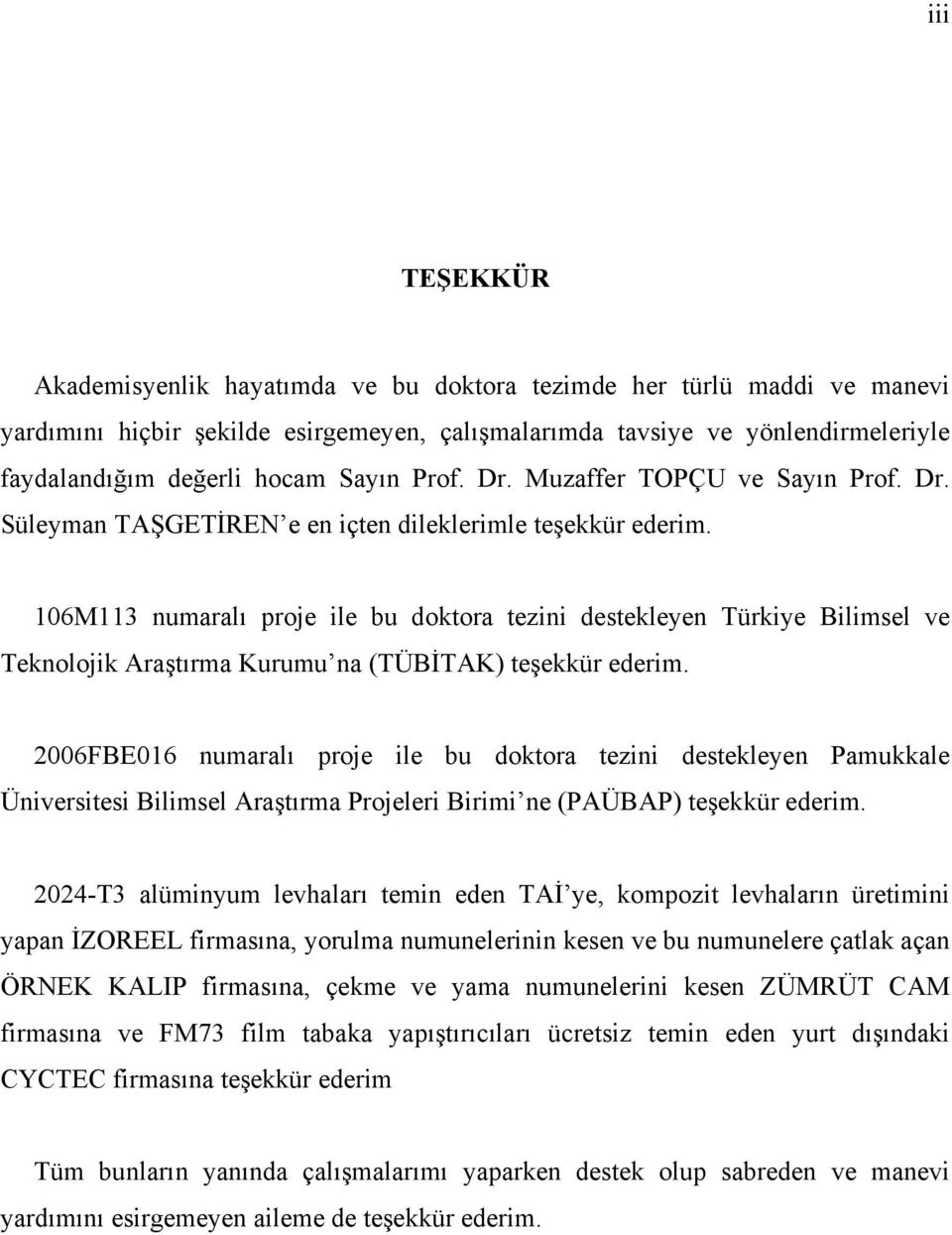 106M113 numaralı proje ile bu doktora tezini destekleyen Türkiye Bilimsel ve Teknolojik Araştırma Kurumu na (TÜBİTAK) teşekkür ederim.