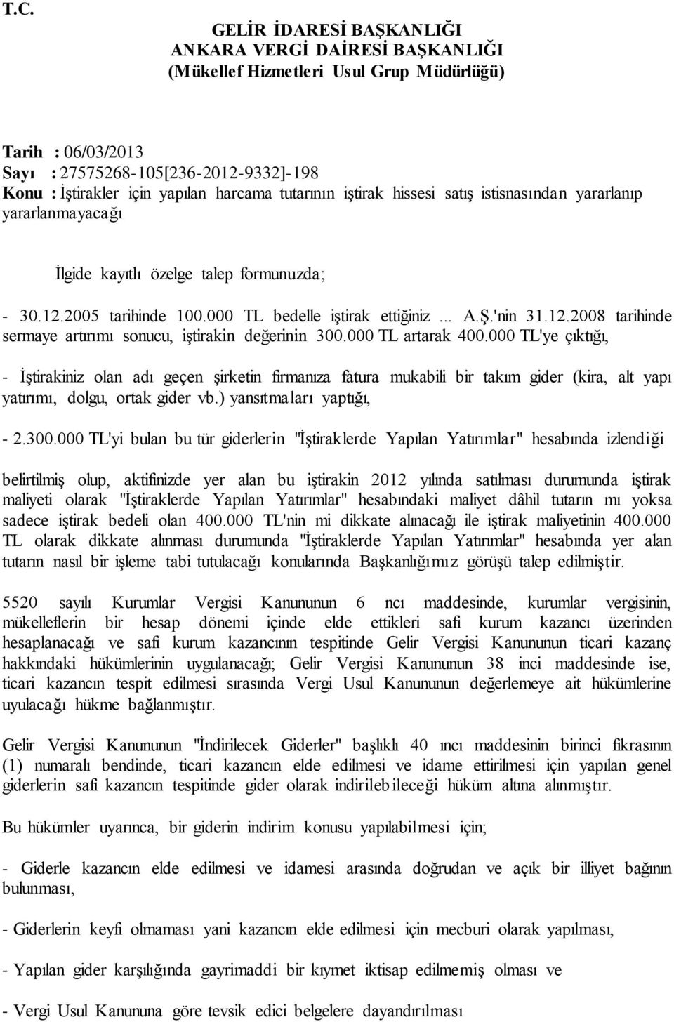 000 TL artarak 400.000 TL'ye çıktığı, - İştirakiniz olan adı geçen şirketin firmanıza fatura mukabili bir takım gider (kira, alt yapı yatırımı, dolgu, ortak gider vb.) yansıtmaları yaptığı, - 2.300.