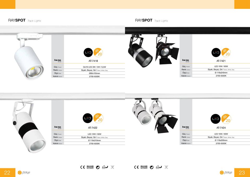 Grey Ø 118x240mm 2700-6500K AT-7422 AT-7424 LED 10W / 60W LED 10W / 60W Siyah, Beyaz, Gri /