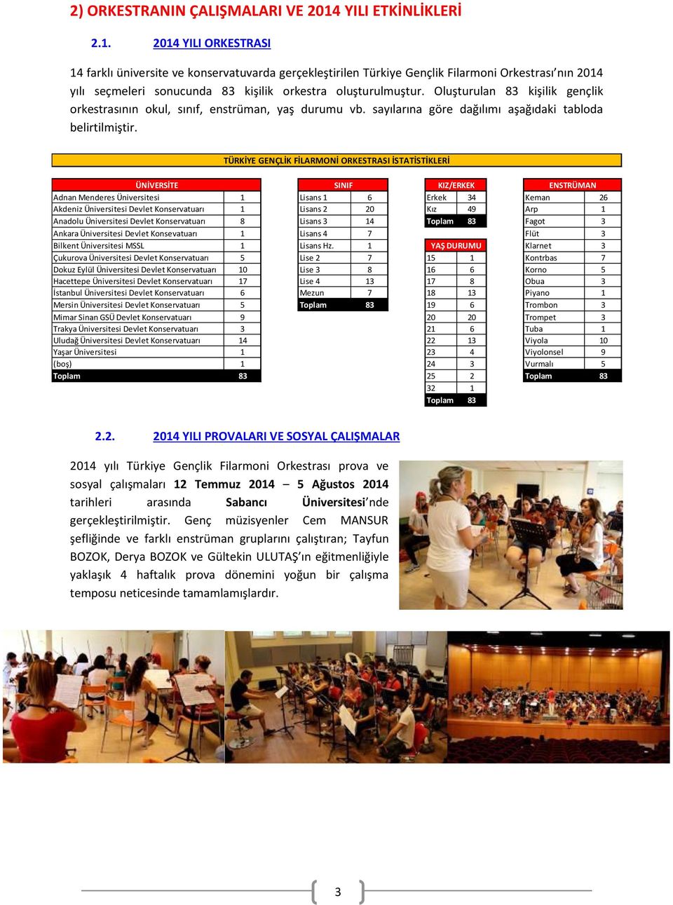 2014 YILI ORKESTRASI 14 farklı üniversite ve konservatuvarda gerçekleştirilen Türkiye Gençlik Filarmoni Orkestrası nın 2014 yılı seçmeleri sonucunda 83 kişilik orkestra oluşturulmuştur.