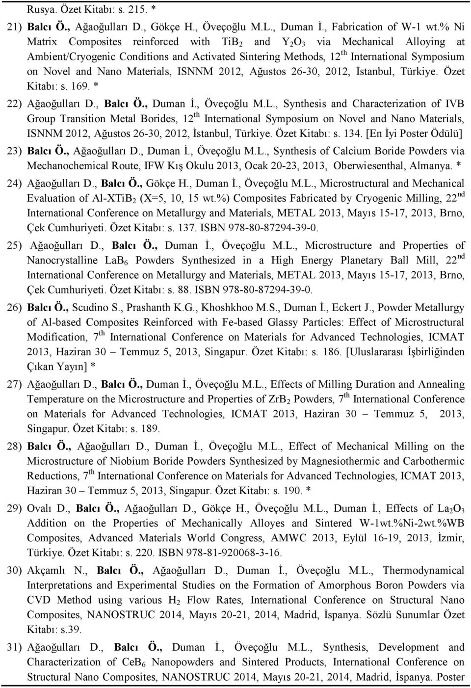 Materials, ISNNM 2012, Ağustos 26-30, 2012, İstanbul, Türkiye. Özet Kitabı: s. 169. * 22) Ağaoğulları D., Balcı Ö., Duman İ., Öveçoğlu M.L.