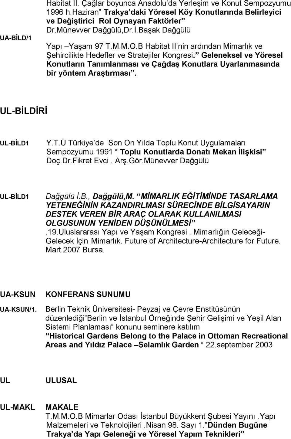 Geleneksel ve Yöresel Konutların Tanımlanması ve Çağdaş Konutlara Uyarlanmasında bir yöntem Araştırması. UL-BİLDİRİ UL-BİLD1 Y.T.Ü Türkiye de Son On Yılda Toplu Konut Uygulamaları Sempozyumu 1991 Toplu Konutlarda Donatı Mekan İlişkisi Doç.