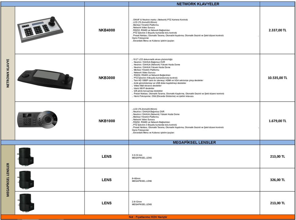 Ekrandaki Menu ve Kullanıcı işletim ipuçları MEGAPİKSEL LENSLER NETROWK KLAVYE NKB3000 NKB1000 LENS LENS. 10.2'' LCD dokunmatik ekran çözünürlüğü. Neutron / DAHUA Bağımsız DVR.