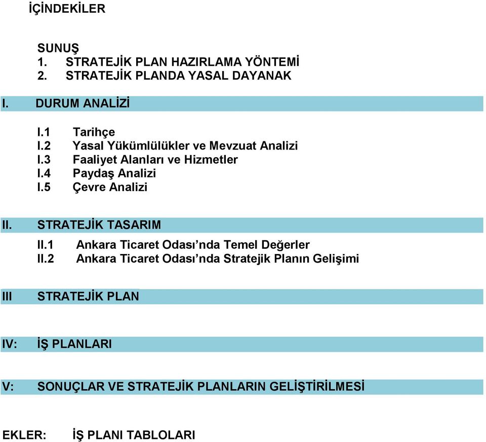 5 Çevre Analizi II. STRATEJİK TASARIM II.1 Ankara Ticaret Odası nda Temel Değerler II.