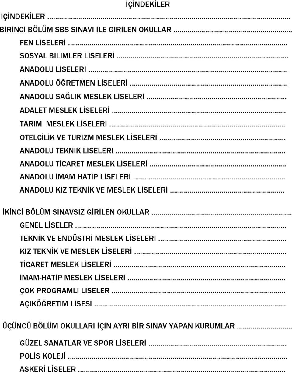 . ANADOLU TİCARET MESLEK LİSELERİ ANADOLU İMAM HATİP LİSELERİ.. ANADOLU KIZ TEKNİK VE MESLEK LİSELERİ... İKİNCİ BÖLÜM SINAVSIZ GİRİLEN OKULLAR.. GENEL LİSELER.