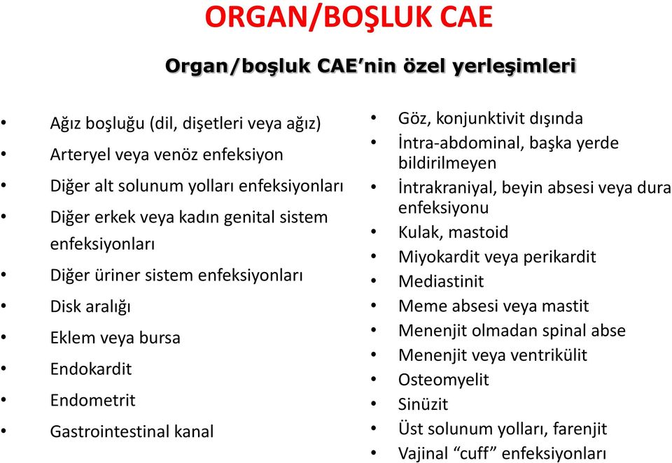 Gastrointestinal kanal Göz, konjunktivit dışında İntra-abdominal, başka yerde bildirilmeyen İntrakraniyal, beyin absesi veya dura enfeksiyonu Kulak, mastoid