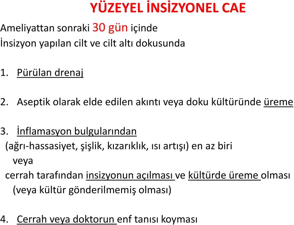 İnflamasyon bulgularından (ağrı-hassasiyet, şişlik, kızarıklık, ısı artışı) en az biri veya cerrah