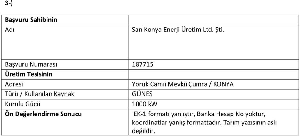 KONYA EK-1 formatı yanlıştır, Banka Hesap No