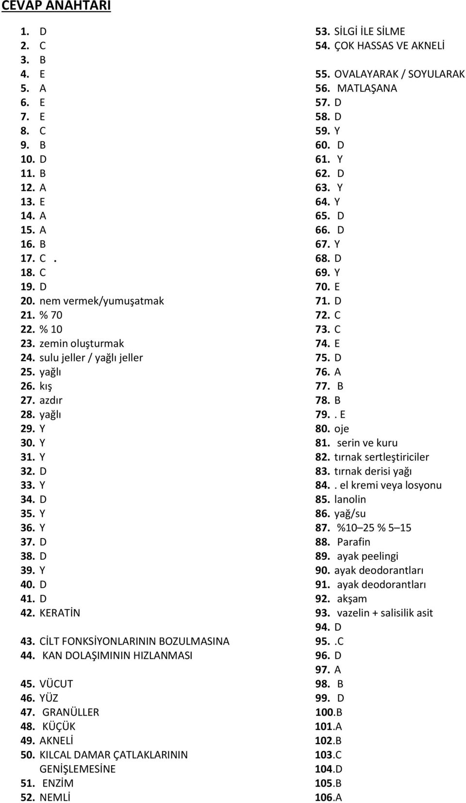 KAN DOLAŞIMININ HIZLANMASI 45. VÜCUT 46. YÜZ 47. GRANÜLLER 48. KÜÇÜK 49. AKNELİ 50. KILCAL DAMAR ÇATLAKLARININ GENİŞLEMESİNE 51. ENZİM 52. NEMLİ 53. SİLGİ İLE SİLME 54. ÇOK HASSAS VE AKNELİ 55.