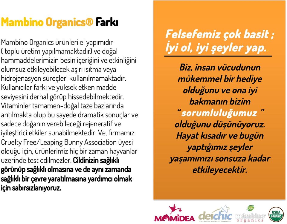 Vitaminler tamamen-doğal taze bazlarında arıtılmakta olup bu sayede dramatik sonuçlar ve sadece doğanın verebileceği rejeneratif ve iyileştirici etkiler sunabilmektedir.