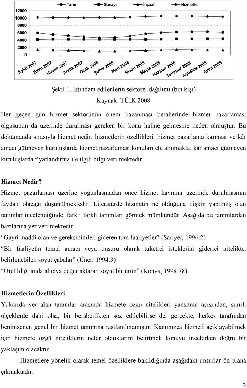 İstihdam edilenlerin sektörel dağılımı (bin kişi) Kaynak: TÜİK 2008 Her geçen gün hizmet sektörünün önem kazanması beraberinde hizmet pazarlaması olgusunun da üzerinde durulması gereken bir konu