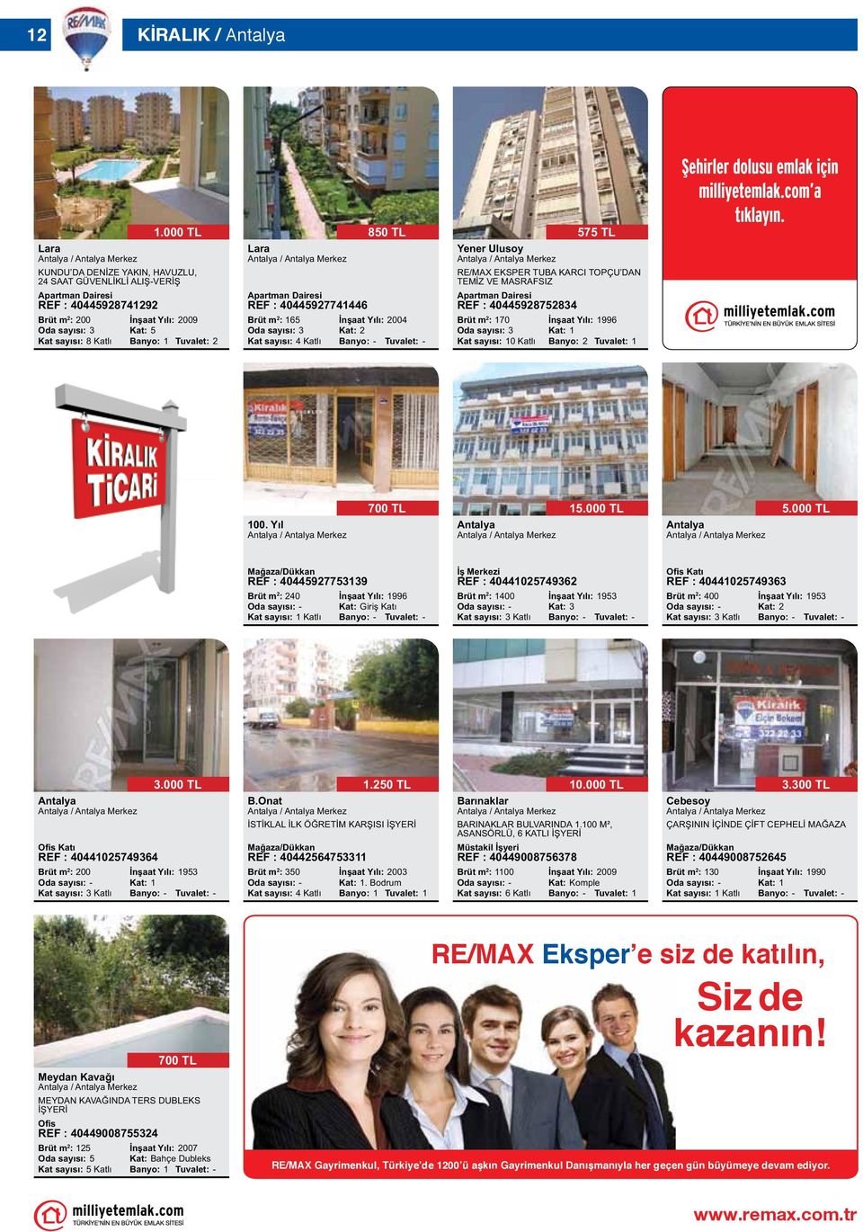 RE/MAX EKSPER TUBA KARCI TOPÇU DAN TEMİZ VE MASRAFSIZ REF : 40445928752834 575 TL Brüt m 2 : 170 İnşaat Yılı: 1996 Kat sayısı: 10 Katlı Banyo: 2 Tuvalet: 1 100. Yıl 700 TL Antalya 15.000 TL Antalya 5.