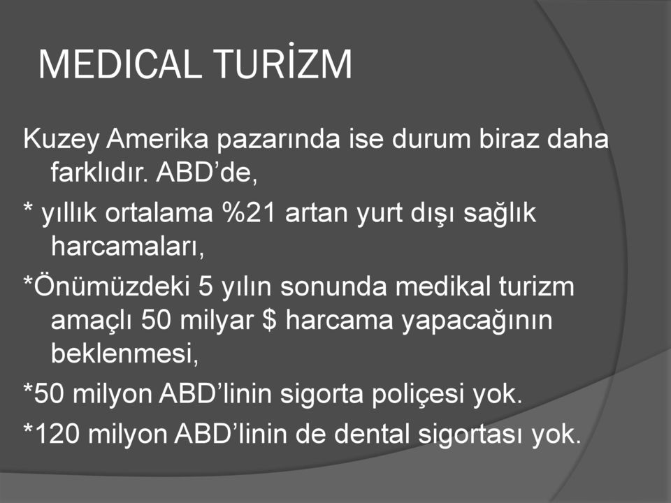 yılın sonunda medikal turizm amaçlı 50 milyar $ harcama yapacağının beklenmesi,