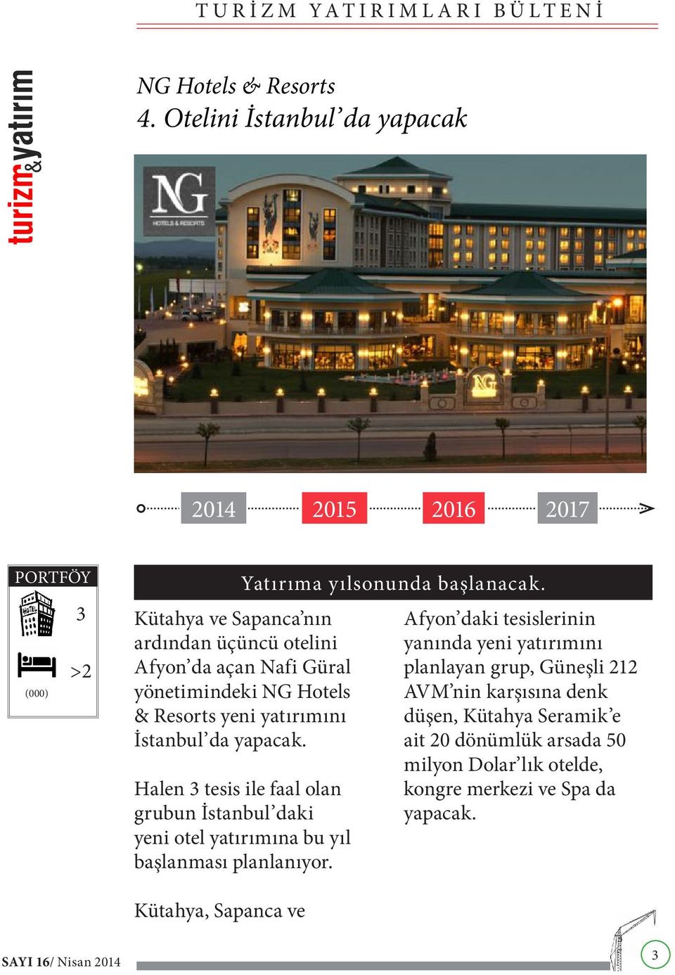 Halen 3 tesis ile faal olan grubun İstanbul daki yeni otel yatırımına bu yıl başlanması planlanıyor.