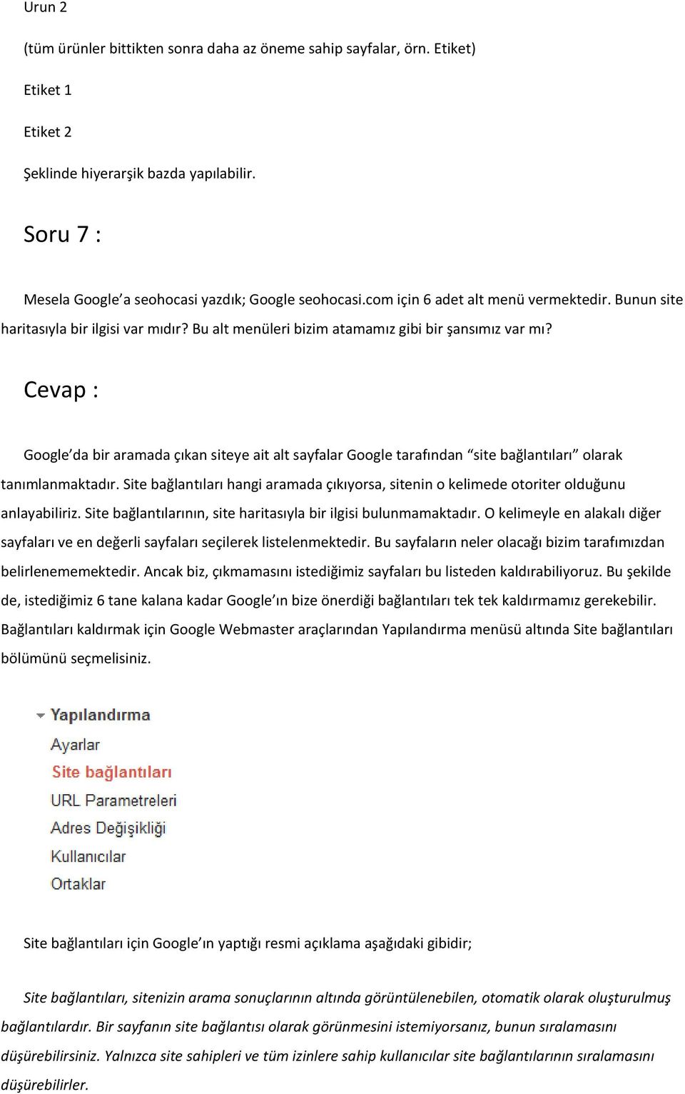 Cevap : Google da bir aramada çıkan siteye ait alt sayfalar Google tarafından site bağlantıları olarak tanımlanmaktadır.