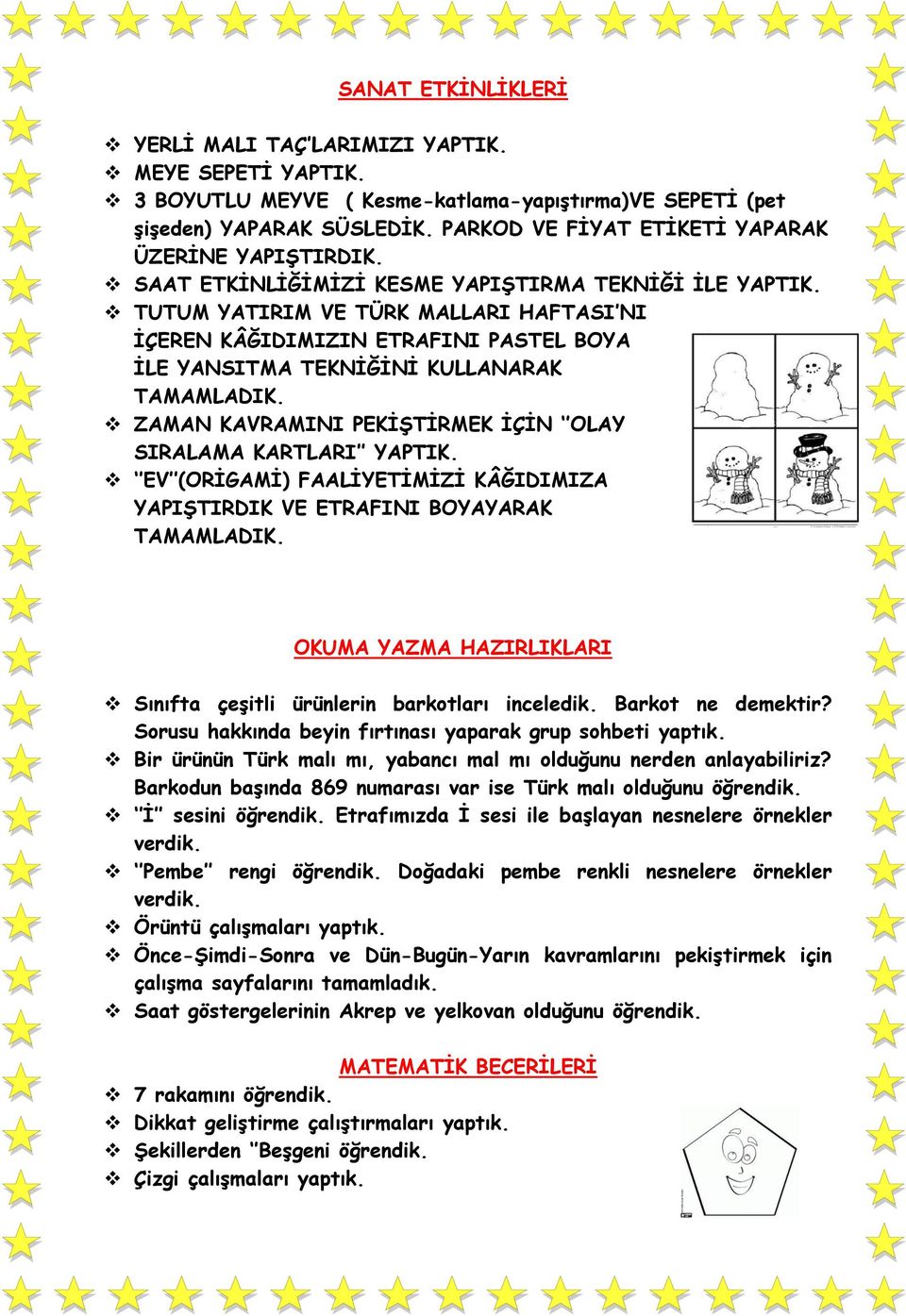 TUTUM YATIRIM VE TÜRK MALLARI HAFTASI NI İÇEREN KÂĞIDIMIZIN ETRAFINI PASTEL BOYA İLE YANSITMA TEKNİĞİNİ KULLANARAK TAMAMLADIK. ZAMAN KAVRAMINI PEKİŞTİRMEK İÇİN OLAY SIRALAMA KARTLARI YAPTIK.