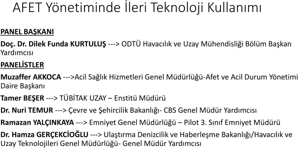 Müdürlüğü-Afet ve Acil Durum Yönetimi Daire Başkanı Tamer BEŞER ---> TÜBİTAK UZAY Enstitü Müdürü Dr.