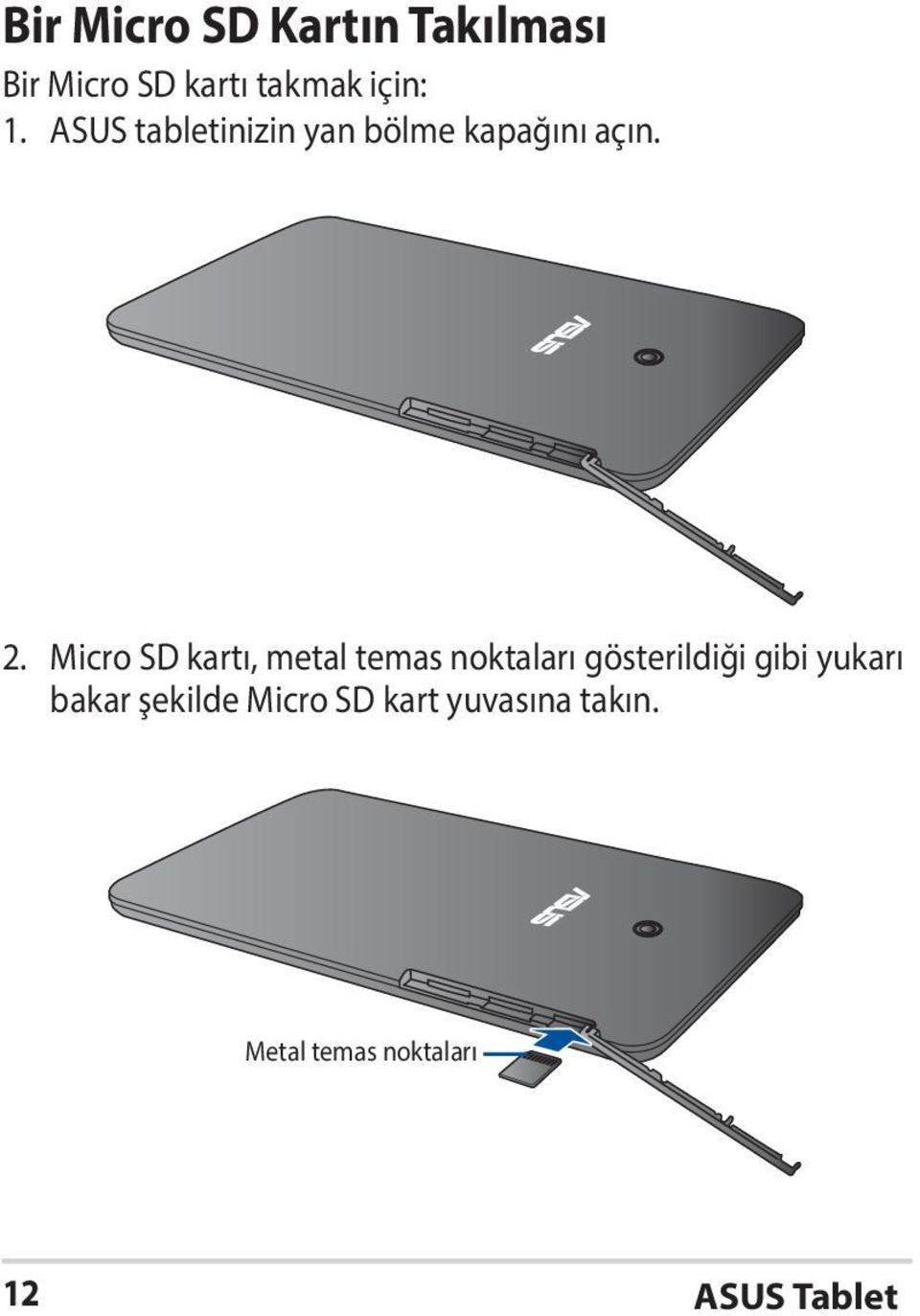 Micro SD kartı, metal temas noktaları gösterildiği gibi yukarı