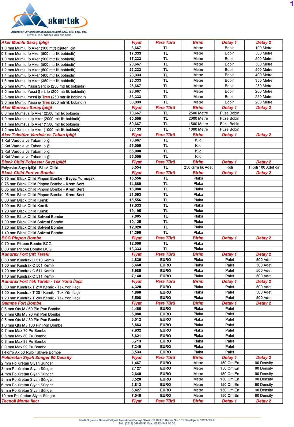 17,333 TL Metre Bobin 500 Metre 1,1 mm Mumlu İp Aker (500 mtr lik bobindir) 20,667 TL Metre Bobin 500 Metre 1,2 mm Mumlu İp Aker (500 mtr lik bobindir) 23,333 TL Metre Bobin 500 Metre 1,4 mm Mumlu İp