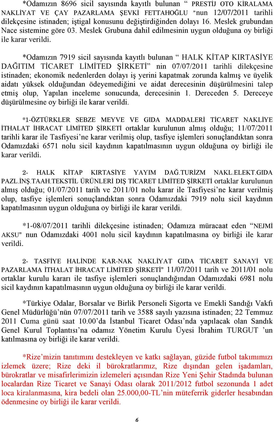 *Odamızın 7919 sicil sayısında kayıtlı bulunan HALK KİTAP KIRTASİYE DAĞITIM TİCARET LİMİTED ŞİRKETİ nin 07/07/2011 tarihli dilekçesine istinaden; ekonomik nedenlerden dolayı iş yerini kapatmak